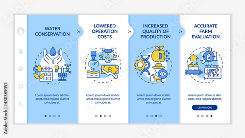 Smart farming advantages blue and white onboarding template. Water conservation. Responsive mobile website with linear concept icons. Web page walkthrough 4 step screens. Lato-Bold, Regular fonts used