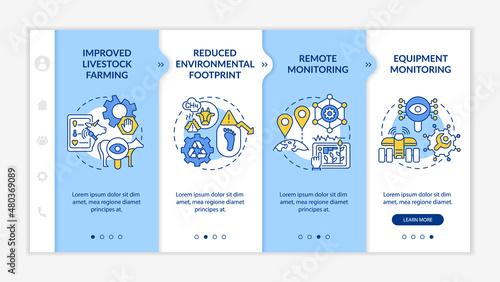 Digital agriculture advantages blue and white onboarding template. Responsive mobile website with linear concept icons. Web page walkthrough 4 step screens. Lato-Bold, Regular fonts used