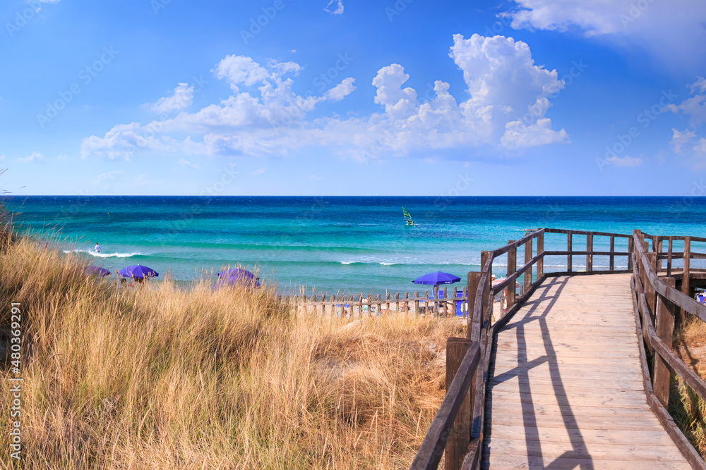 The Regional Natural Park Dune Costiere (Torre Canne): wooden walkway between sea dunes. in Apulia, Italy. The park covers the territories of Ostuni and Fasano along eight kilometres of coastline.