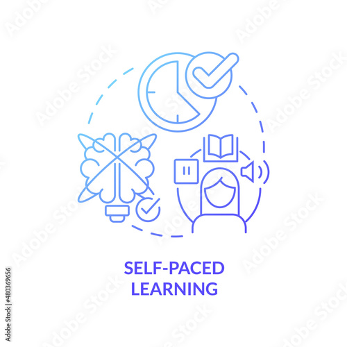 Self paced learning blue gradient concept icon. Own time, schedule. Elearning abstract idea thin line illustration. Isolated outline drawing. Editable stroke. Roboto-Medium, Myriad Pro-Bold fonts used