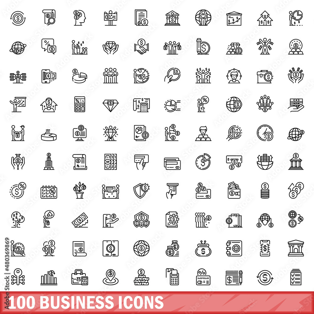 100 business icons set, outline style 100 business icons set, outline style