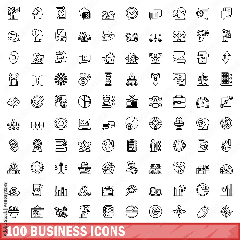 100 business icons set, outline style 100 business icons set, outline style
