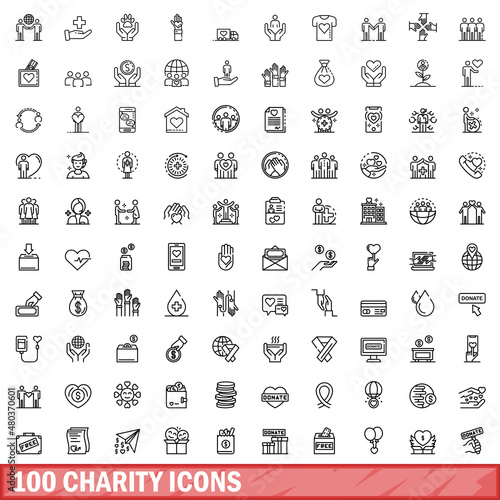 100 charity icons set, outline style