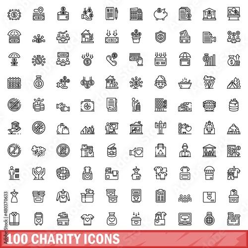 100 charity icons set, outline style