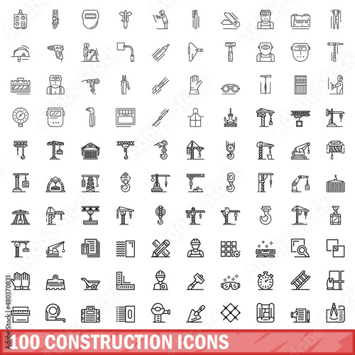 100 construction icons set, outline style