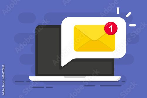 New message on the laptop screen. Unread notification. Online chat. Email messages inbox notification. Envelope with new message. E-mail marketing, internet advertising concept. Vector illustration photo
