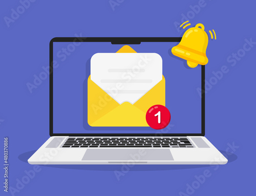 New message on the laptop screen. Unread notification. Online chat. Email messages inbox notification. Envelope with new message. E-mail marketing, internet advertising concept. Vector illustration