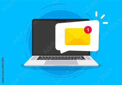 New message on the laptop screen. Unread notification. Online chat. Email messages inbox notification. Envelope with new message. E-mail marketing, internet advertising concept. Vector illustration photo