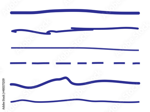 Blue lines hand drawn vector set isolated on white background. Collection of doodle lines, hand drawn template. Blue marker and grunge brush stroke lines, vector illustration