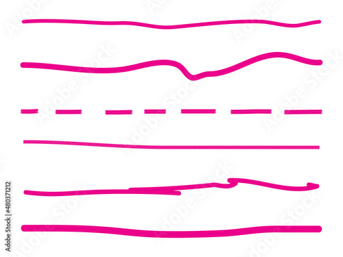 Pink lines hand drawn vector set isolated on white background. Collection of doodle lines, hand drawn template. Pink marker and grunge brush stroke lines, vector illustration