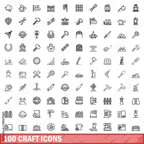 100 craft icons set, outline style