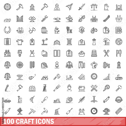 100 craft icons set, outline style