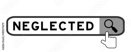 Search banner in word neglected with hand over magnifier icon on white background