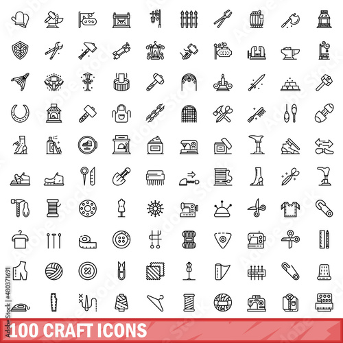 100 craft icons set, outline style