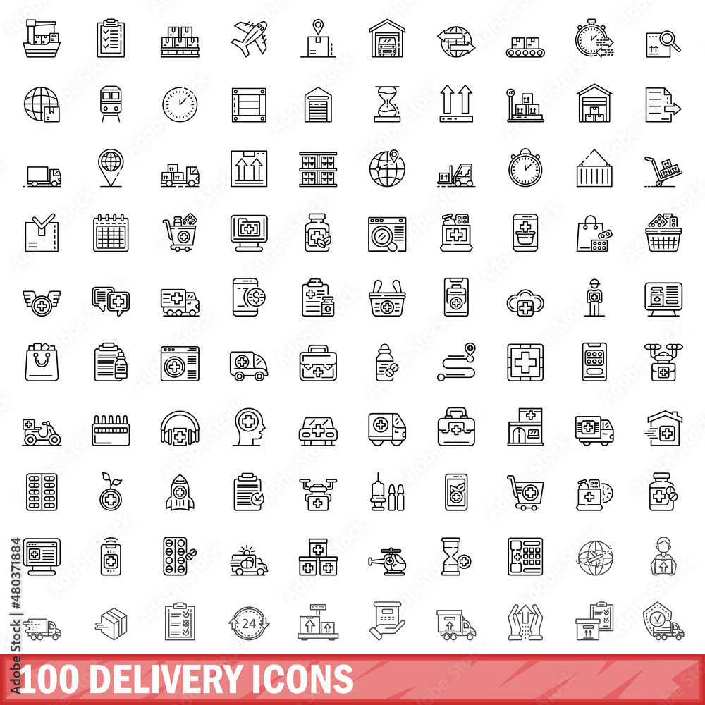 100 delivery icons set, outline style 100 delivery icons set, outline style