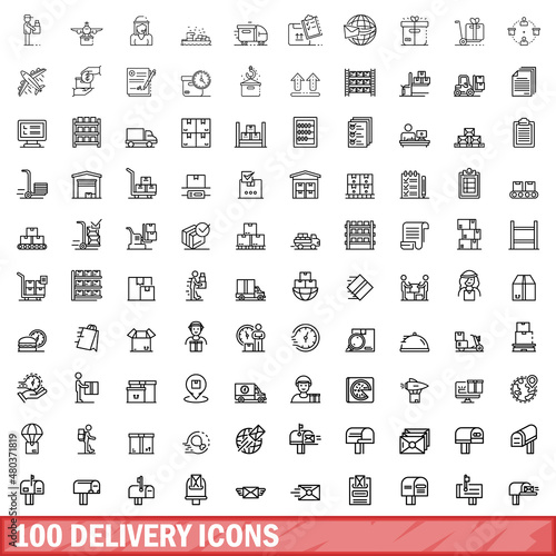 100 delivery icons set, outline style