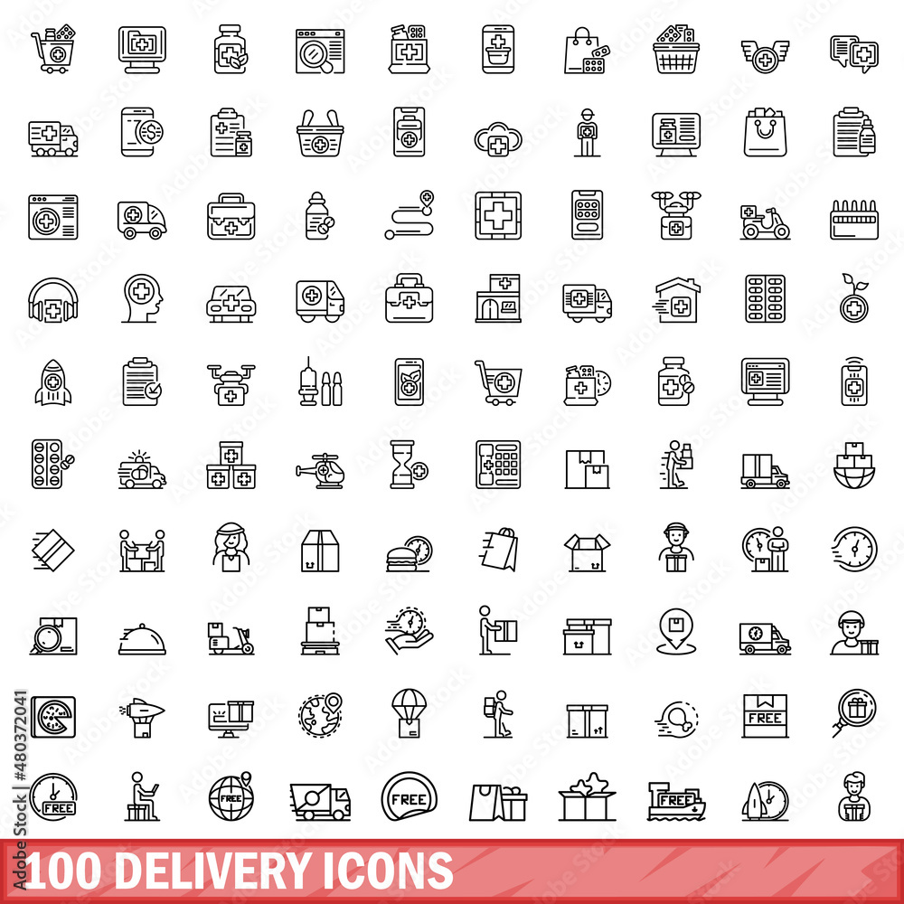 100 delivery icons set, outline style 100 delivery icons set, outline style