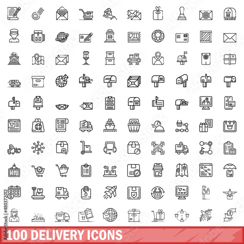100 delivery icons set, outline style