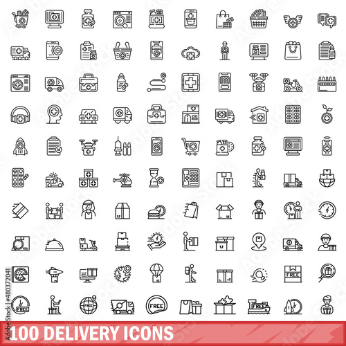 100 delivery icons set, outline style