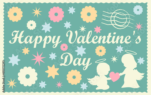 Valentine's Day postage stamp with angels, flowers and stars