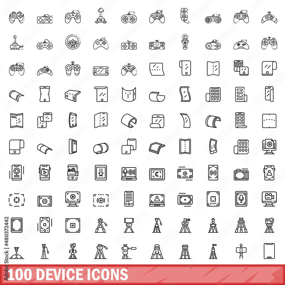 100 device icons set, outline style 100 device icons set, outline style