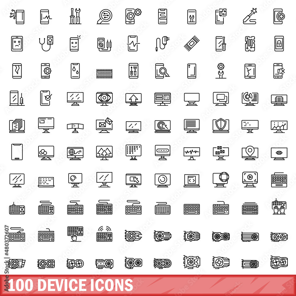 100 device icons set, outline style 100 device icons set, outline style