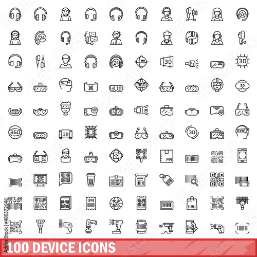 100 device icons set, outline style