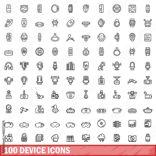 100 device icons set, outline style