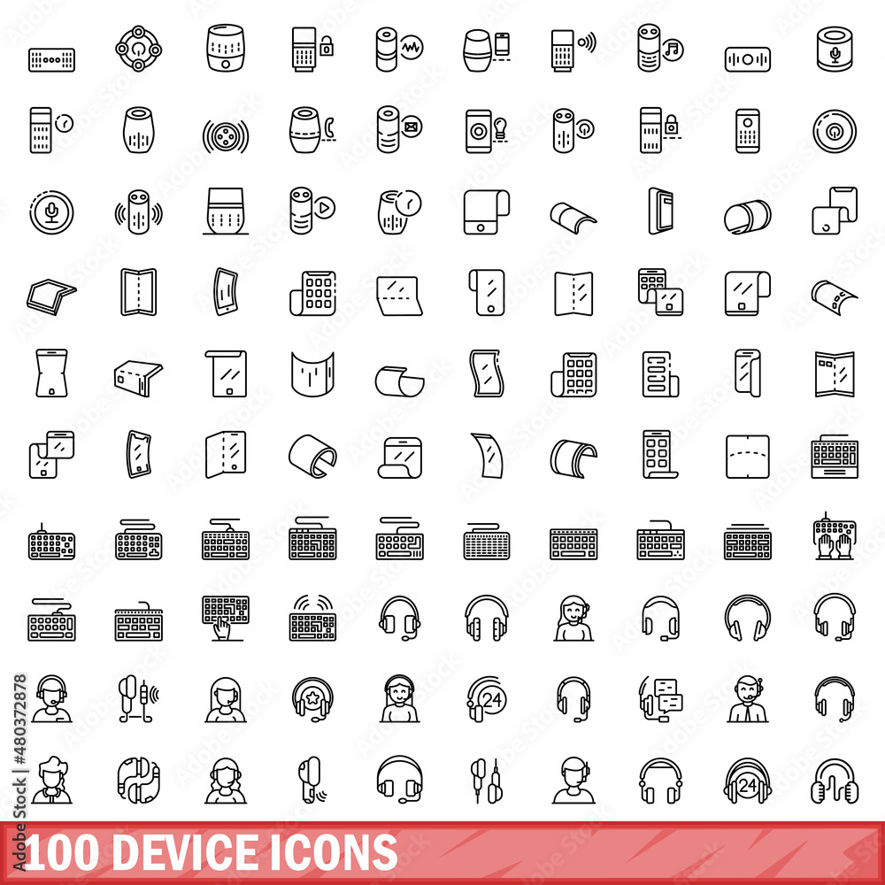 100 device icons set, outline style 100 device icons set, outline style