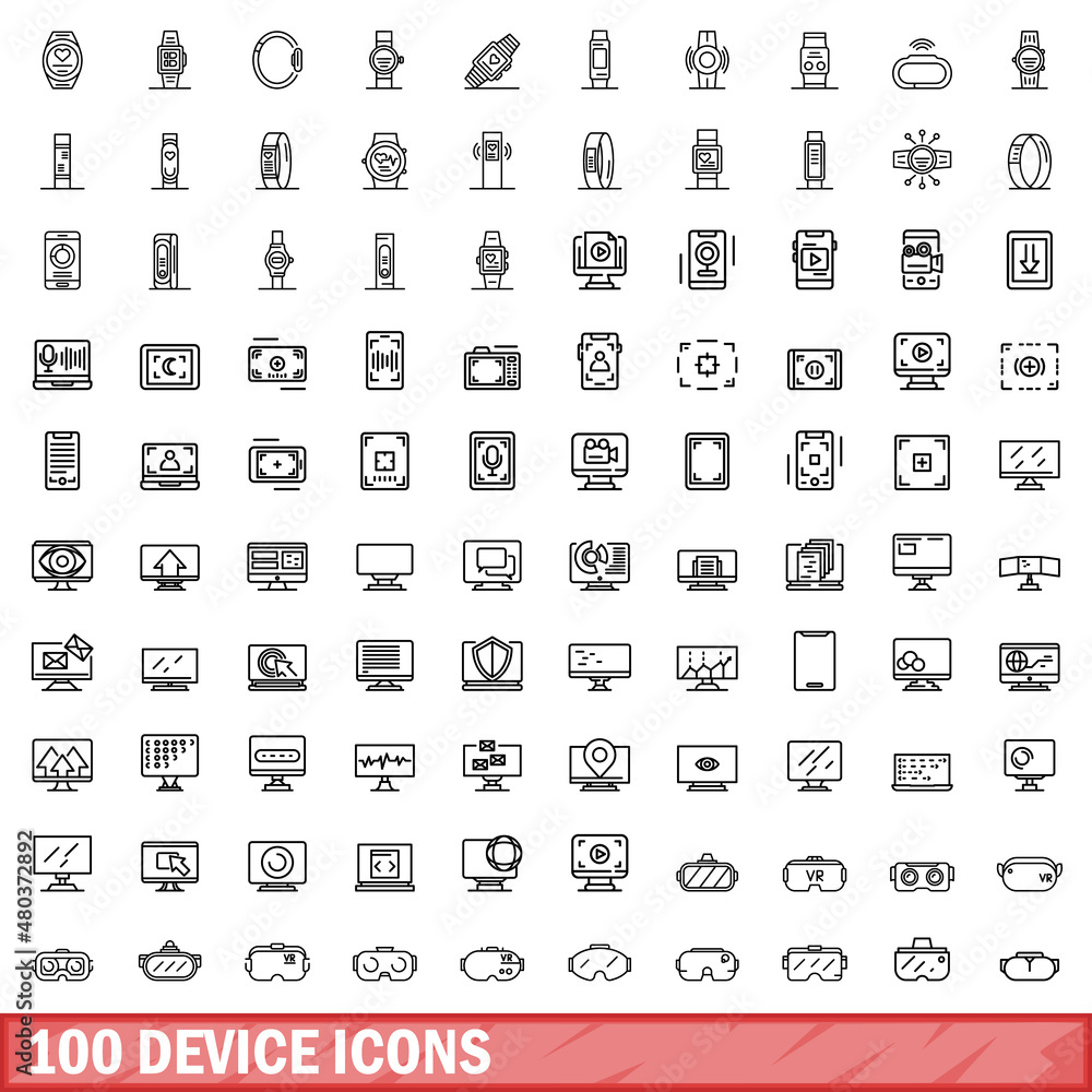 100 device icons set, outline style 100 device icons set, outline style