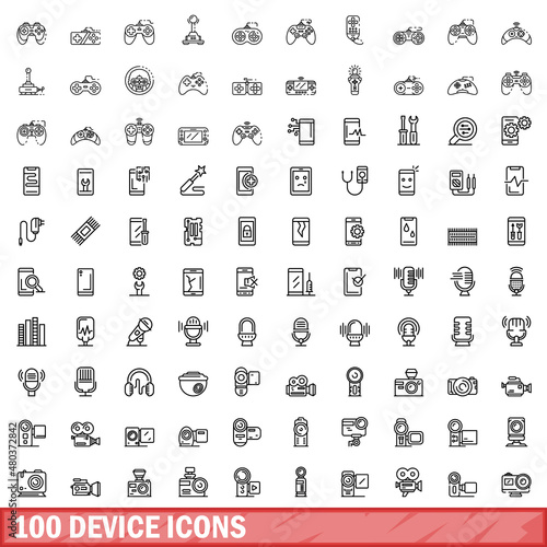 100 device icons set, outline style