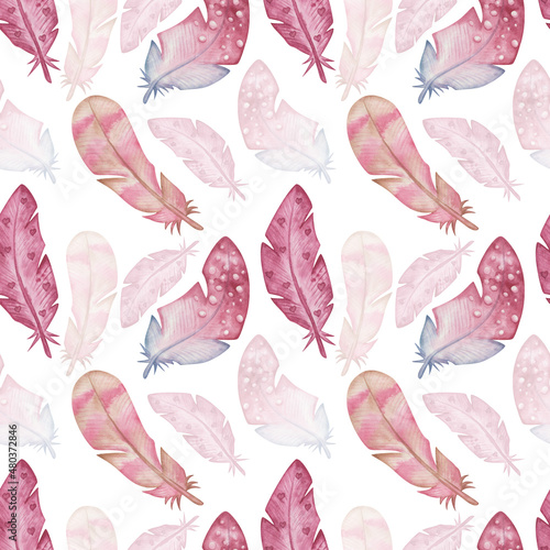 Watercolor seamless pattern from hand painted illustration of pink, blue, brown wild bird's feathers. Print on white background in boho style for design postcard, fabric textil, wedding invitation © Olga Sidelnikova