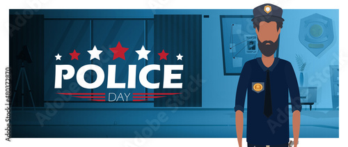 Police Day poster in cartoon style. Defender's Day. Vector.