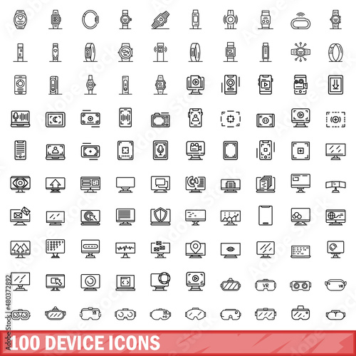 100 device icons set, outline style
