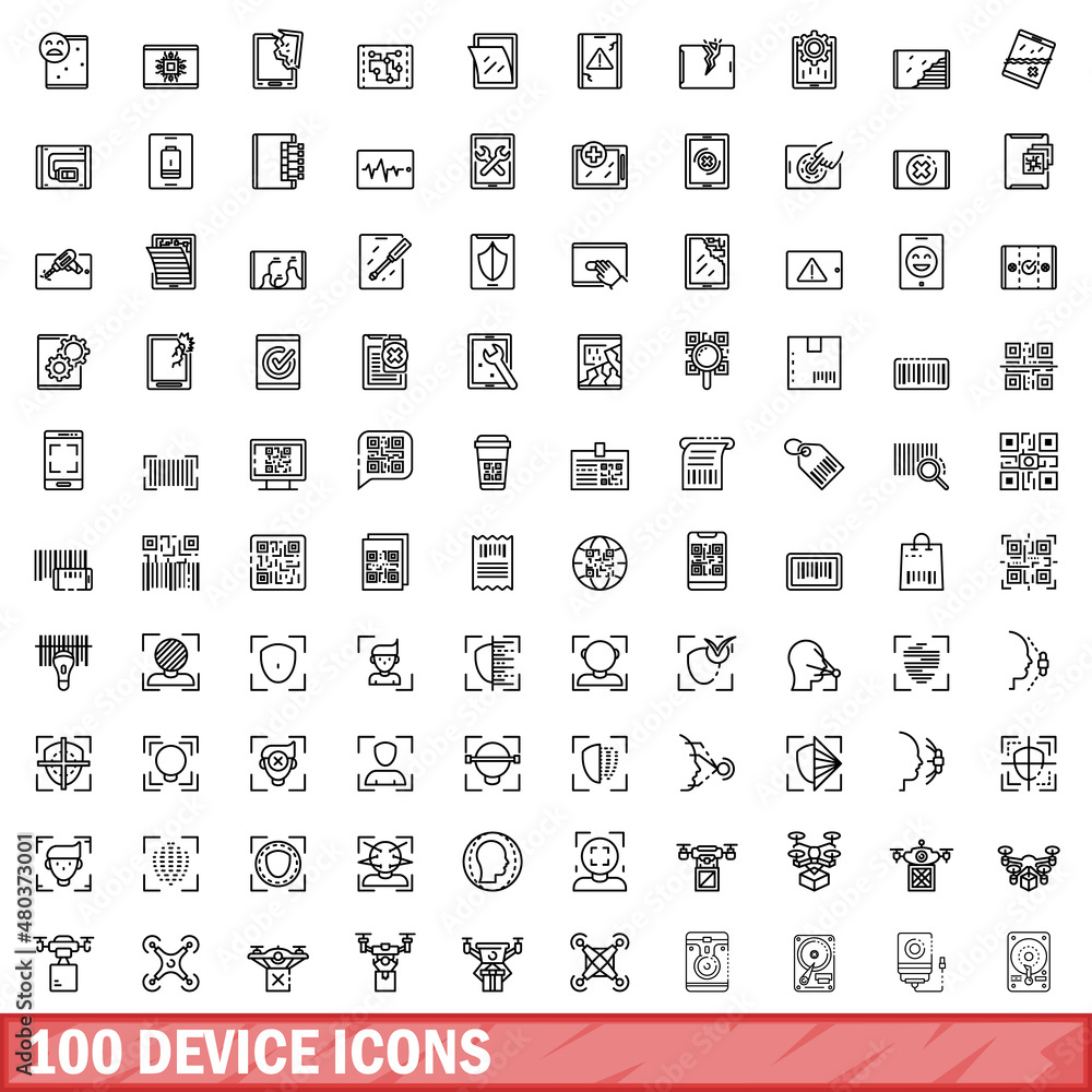 100 device icons set, outline style 100 device icons set, outline style