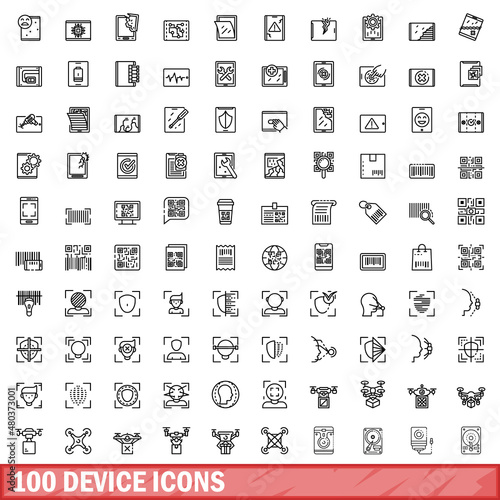 100 device icons set, outline style