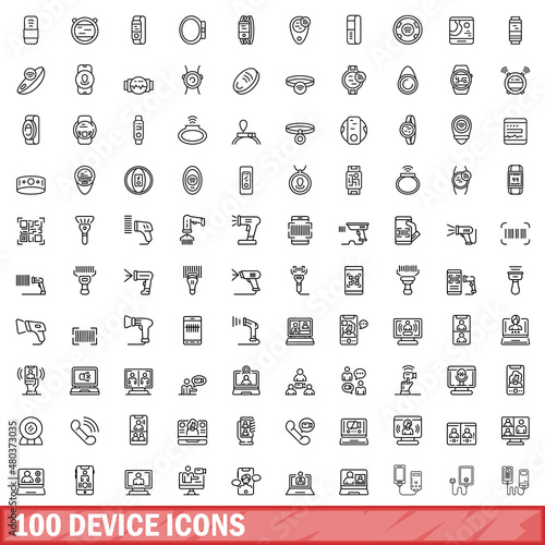 100 device icons set, outline style