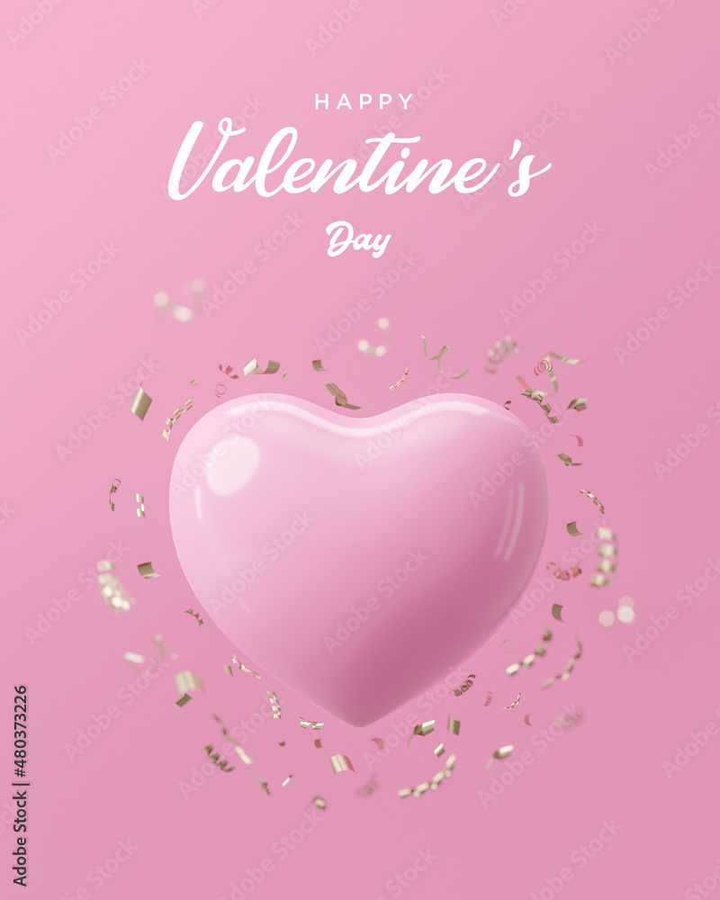 Happy valentine's day pink heart decoration in romantic pink background 3d render 
