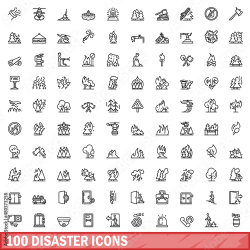 100 disaster icons set, outline style