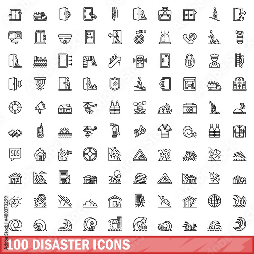 100 disaster icons set, outline style