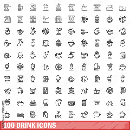 100 drink icons set, outline style