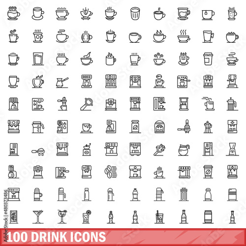 100 drink icons set, outline style