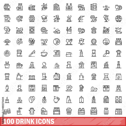 100 drink icons set, outline style