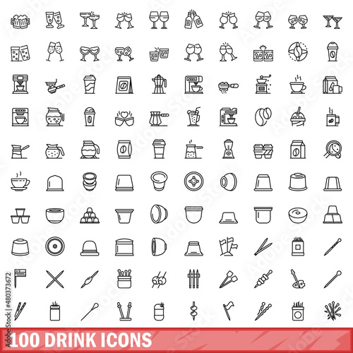 100 drink icons set, outline style