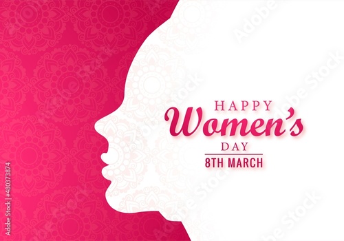 Happy women's day card with girl face background