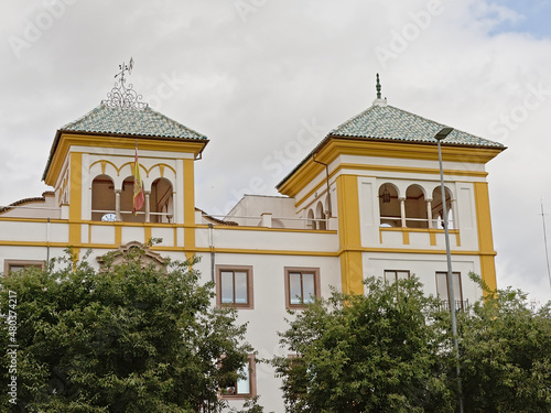 Detail of a traditional Cordoba villa with towers with arches. Andalusia, Spain 