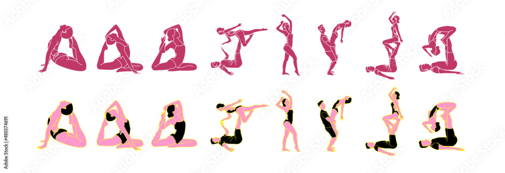 vector set of Woman doing fitness and yoga exercises. Set of young women and men doing yoga and fitness exercises. Healthy lifestyle. flat vector cartoon