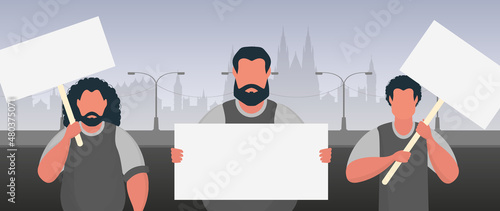 A group of men with a banner in their hands against the backdrop of the city. Protest concept. Cartoon style. Vector illustration.