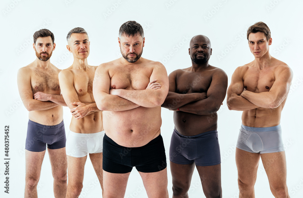 Group of multiethnic men posing for a male edition body positive beauty  set. Shirtless guys with different age, and body wearing boxers underwear  Stock Photo | Adobe Stock