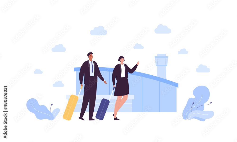 Business travel concept. Vector flat people illustration. Couple of businessman and businesswoman in suit with bag on airport terminal building background.